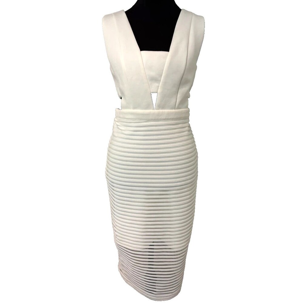 Agaci Bodycon V Neckline Sheer Mesh Panel Midi Women's Skirt Small Ivory White
